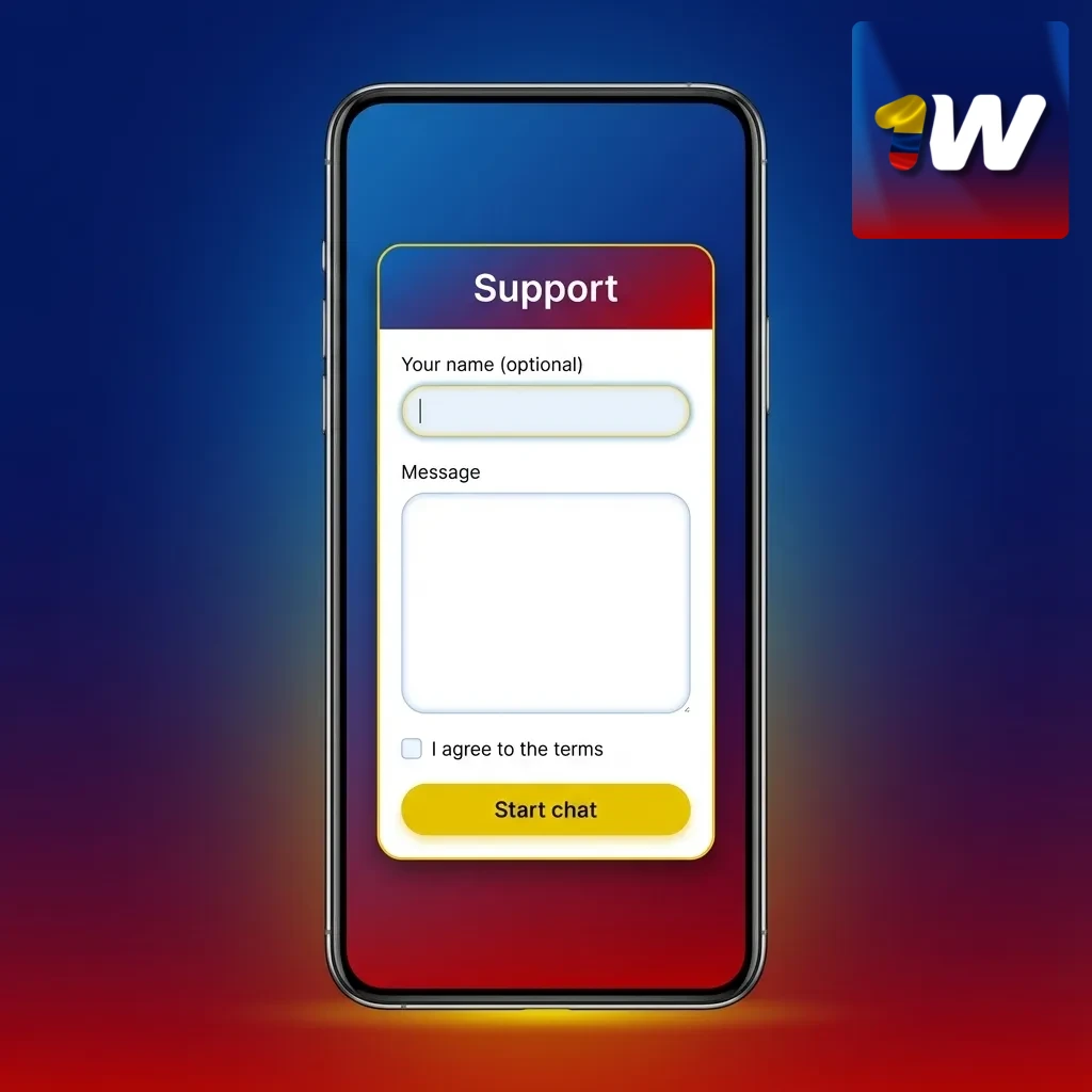 Ilustración de atención al cliente 24/7 en la app 1win en un iPhone, con chat, email y centro de ayuda visibles