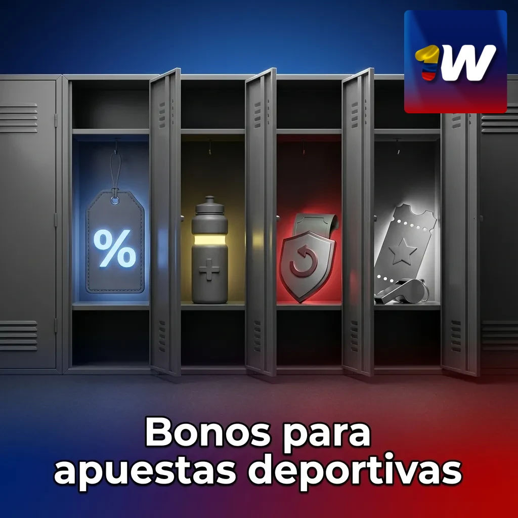 Ilustración de bonos para apuestas deportivas: bienvenida 500%, mejora de cuota en combinadas y seguro de apuesta con cashback.