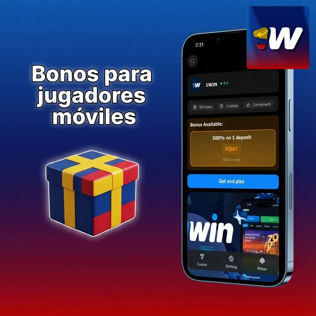 Ilustración de app móvil de apuestas mostrando bonos de bienvenida, depósito y apuestas gratis para casino y deportes