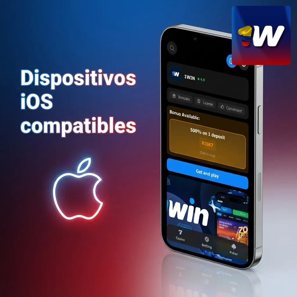 Lista de modelos de iPhone y iPad compatibles con la app 1win en Colombia en una pantalla ilustrativa.