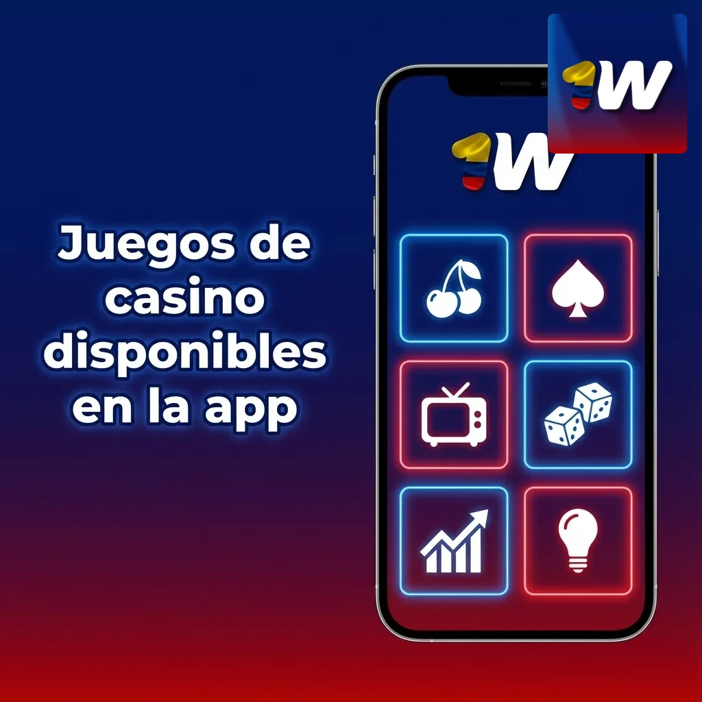 Pantalla de la app 1win mostrando tragamonedas, ruleta, blackjack y juegos de casino en vivo en formato móvil vertical