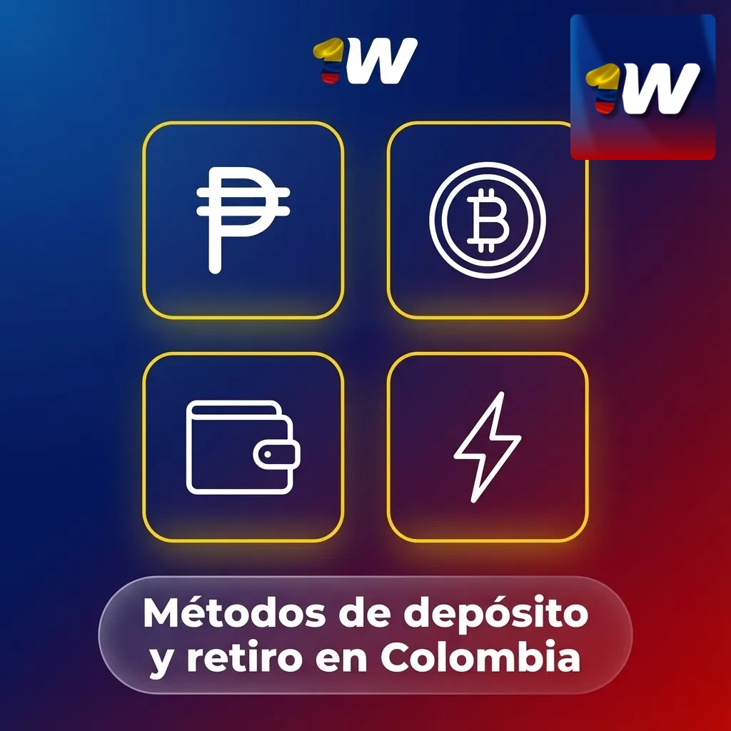 Íconos de tarjetas, billeteras digitales y criptomonedas usadas para depósitos y retiros en Colombia en 1win