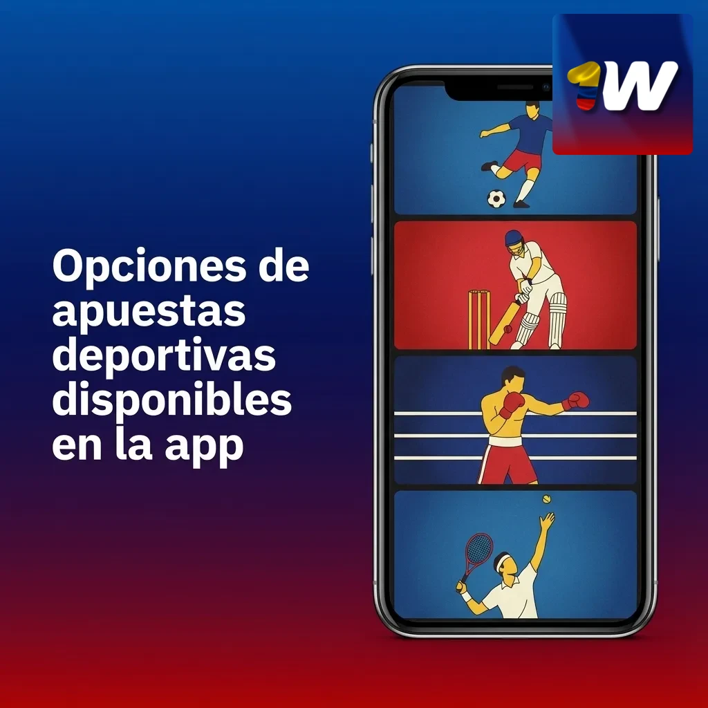 Pantalla de la app 1win en iPhone mostrando opciones de apuestas deportivas en vivo y prepartido en múltiples ligas y torneos