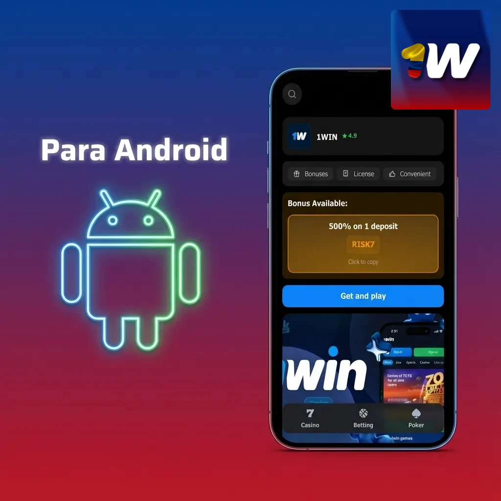 Ilustración de un móvil Android mostrando la app de casino 1win y pasos básicos de descarga e instalación