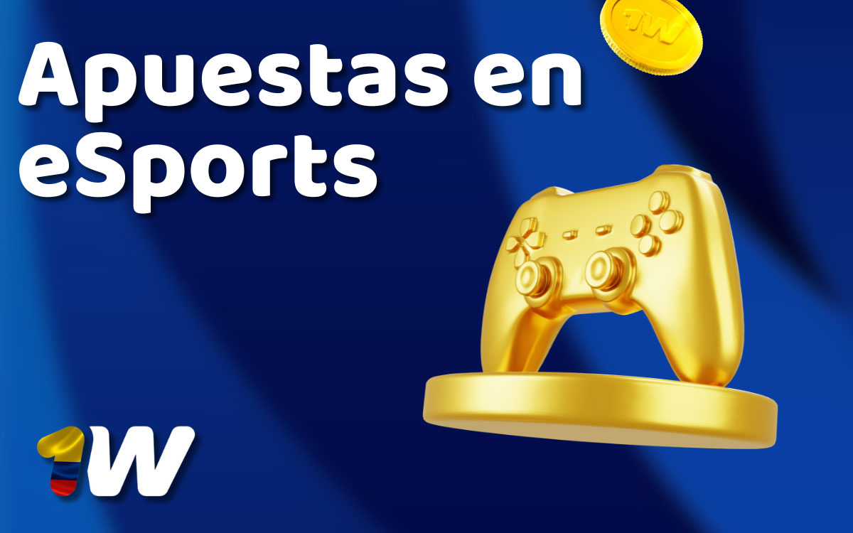 Interfaz de apuestas eSports 1win con logotipos de Dota 2, CS2, LoL y StarCraft II sobre fondo oscuro