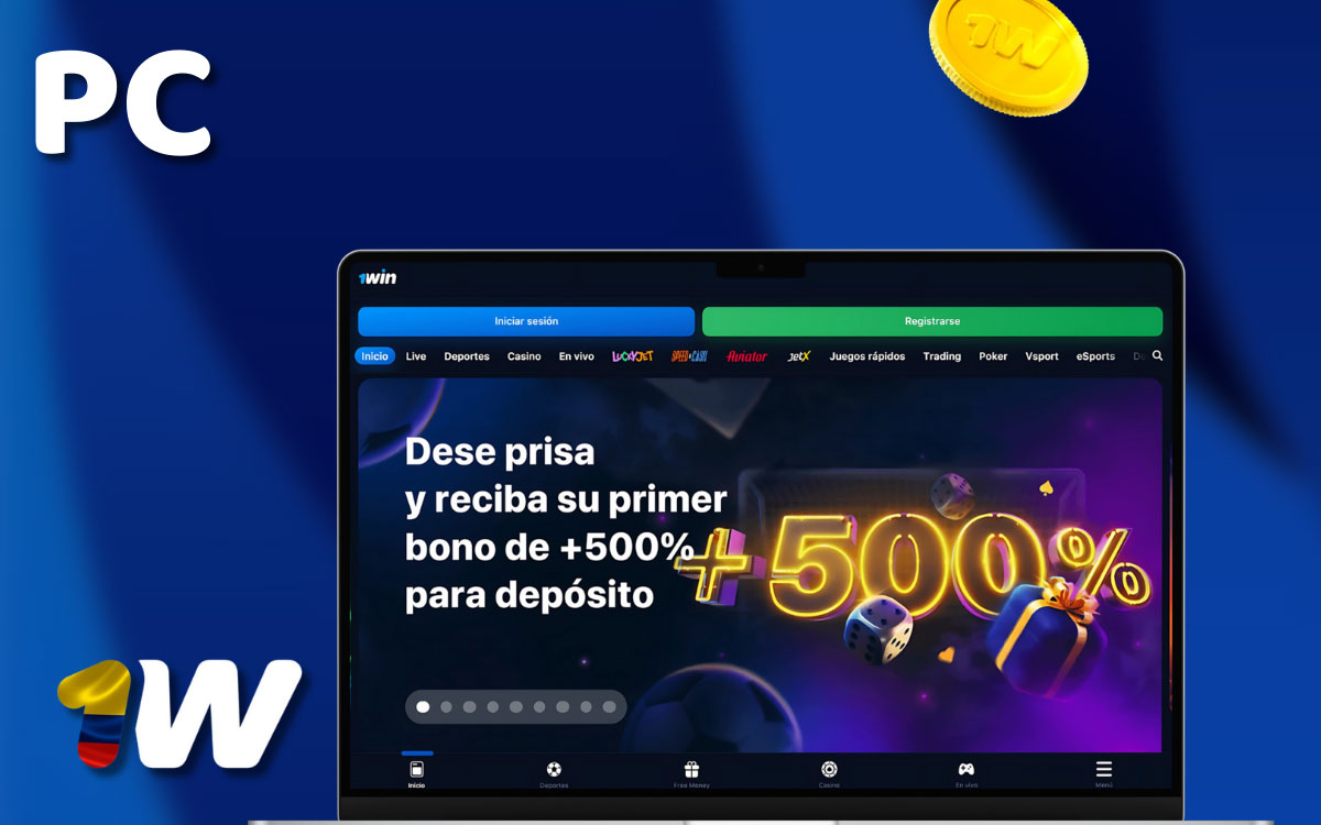 Ilustración de 1win en pantalla de PC Windows y Mac, accedido vía navegador web sin programa adicional