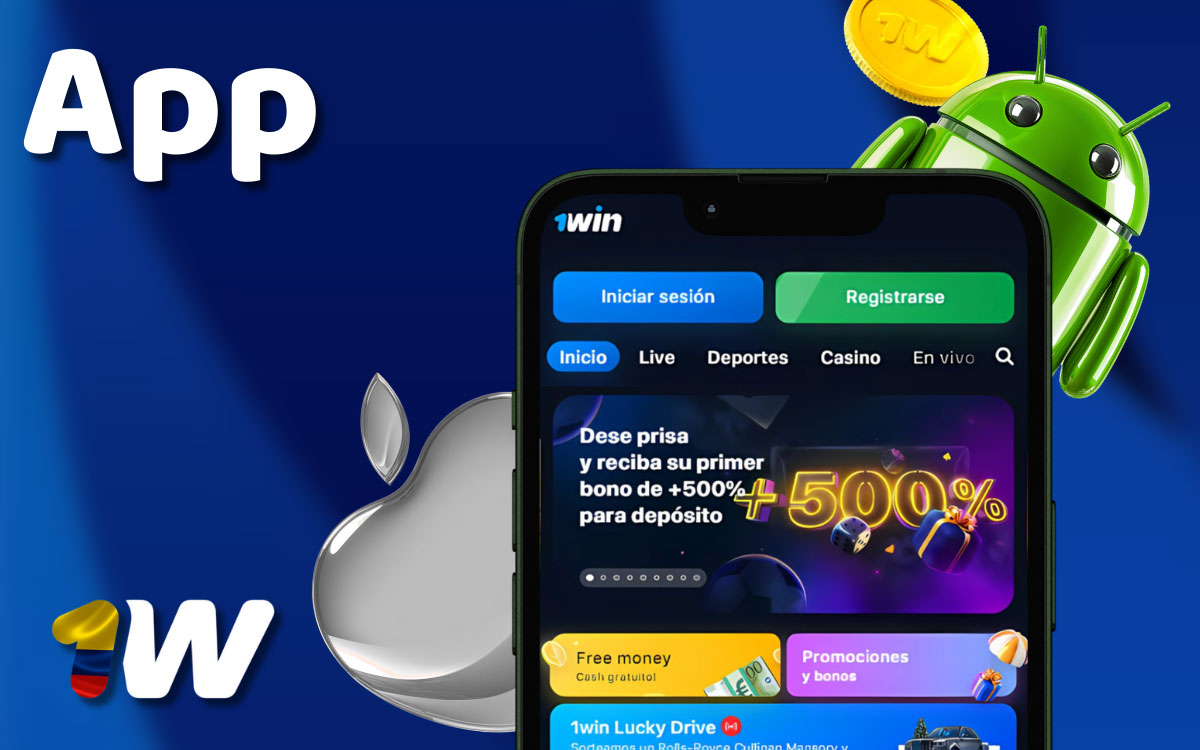 Pantalla móvil con app 1win, iconos de apuestas deportivas, casino y métodos de pago, texto promocional en español.