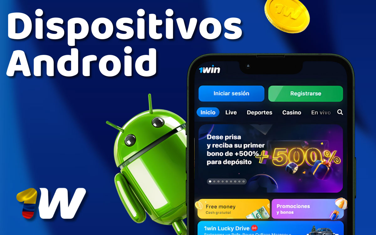 Lista de celulares Android en Colombia compatibles con la app 1win, con logos de Samsung, Xiaomi, Motorola, Huawei y otros