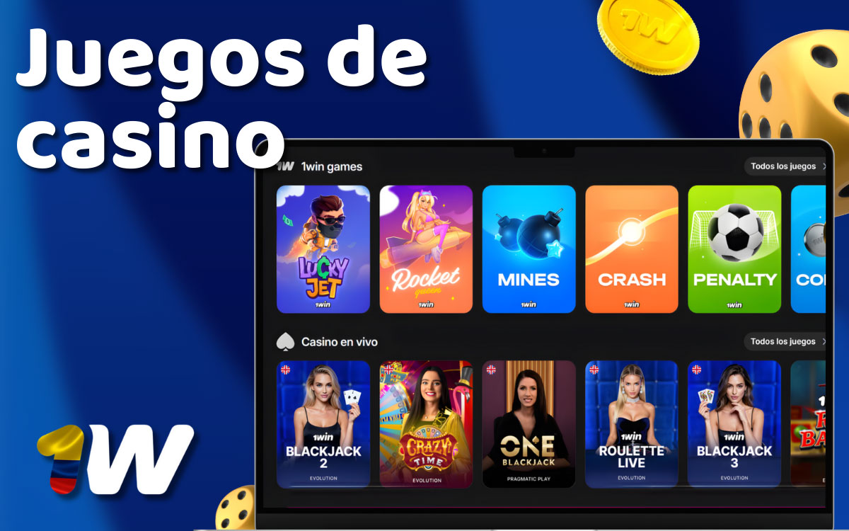 Collage de juegos populares de 1win: tragamonedas, ruleta, blackjack, póker y Aviator, con RTP y proveedores destacados.
