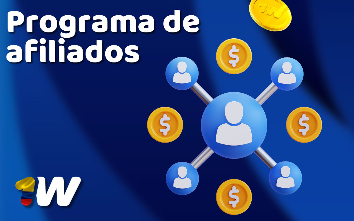 Banner del programa de afiliados 1win, con iconos de estadísticas, comisiones, enlaces de seguimiento y soporte especializado