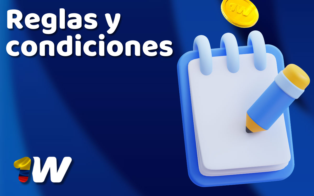 Pantalla de 1win Colombia con lista de reglas y condiciones de uso, bonos, verificación y límites para apostar
