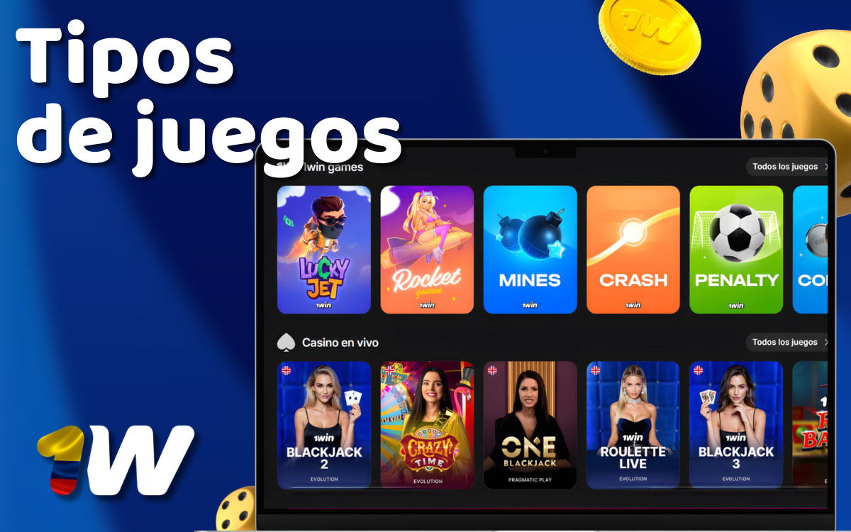 Interfaz de 1win Casino mostrando categorías: tragamonedas, crash, ruleta, blackjack, póker, video póker y loterías.