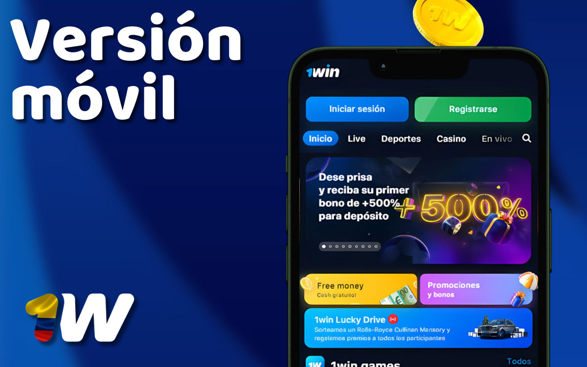 Pantalla de smartphone mostrando la versión móvil del sitio web 1win con opciones de apuestas y casino en línea