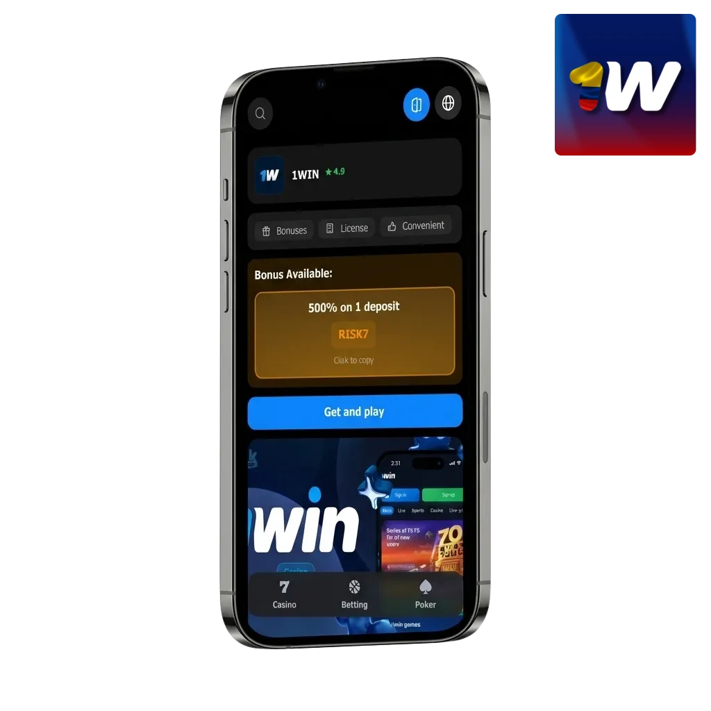Pantalla de la app 1win en iPhone, mostrando apuestas deportivas y casino en vivo para usuarios de Colombia