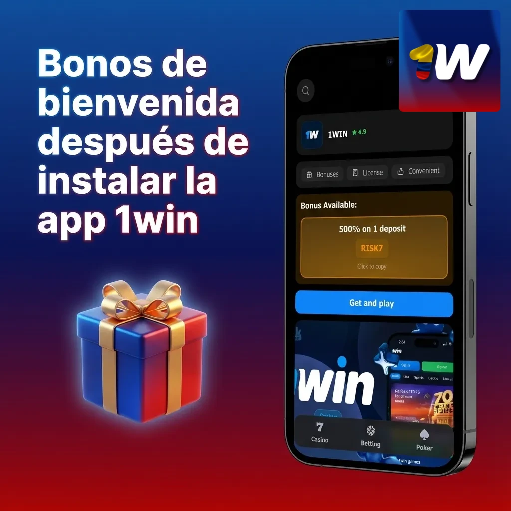 Pantalla de la app 1win mostrando bono de bienvenida hasta 500% para apuestas deportivas y casino en Colombia