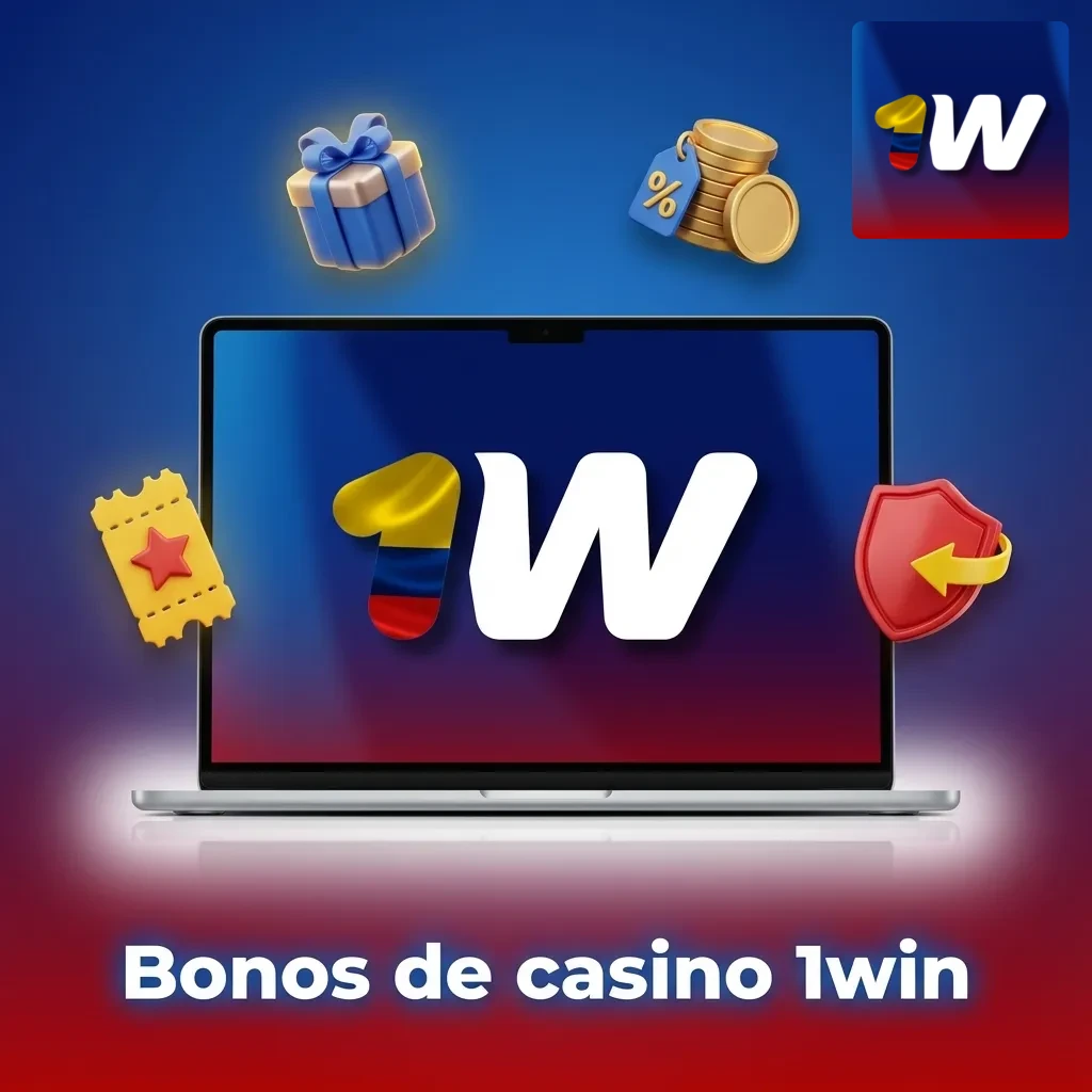 Banner de bonos de casino 1win con bienvenida, giros gratis, recargas y cashback para jugadores en línea