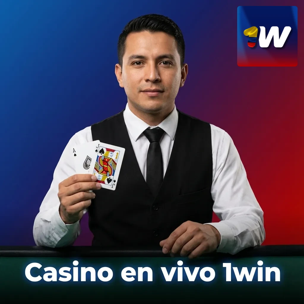 Crupier en vivo de 1win en estudio profesional, mesa de ruleta y cartas en pantalla HD para jugadores en Colombia