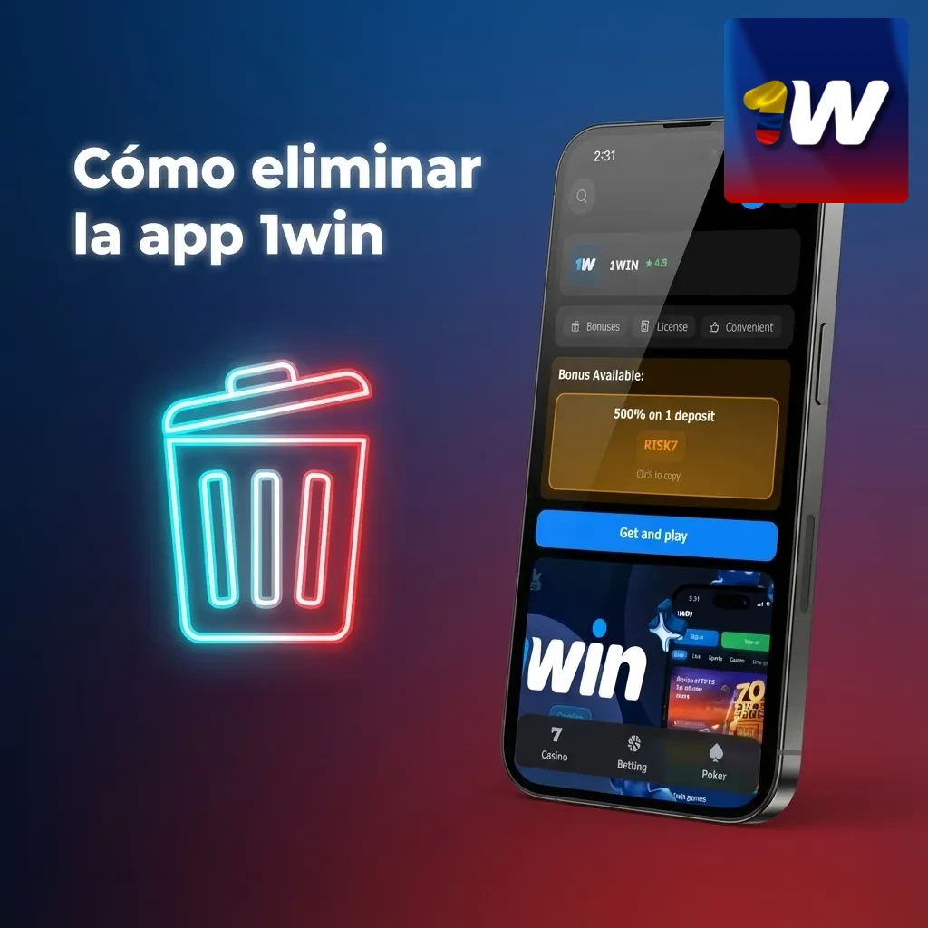 Ilustración sobre cómo desinstalar la app 1win en Android y eliminar el acceso directo en iPhone desde la pantalla de inicio