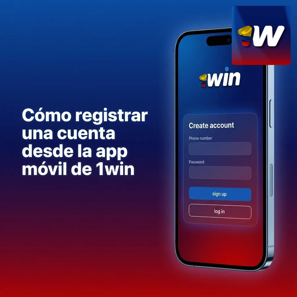 Pantalla de la app móvil 1win en iPhone mostrando formulario de registro con campos de nombre, email, moneda COP y contraseña