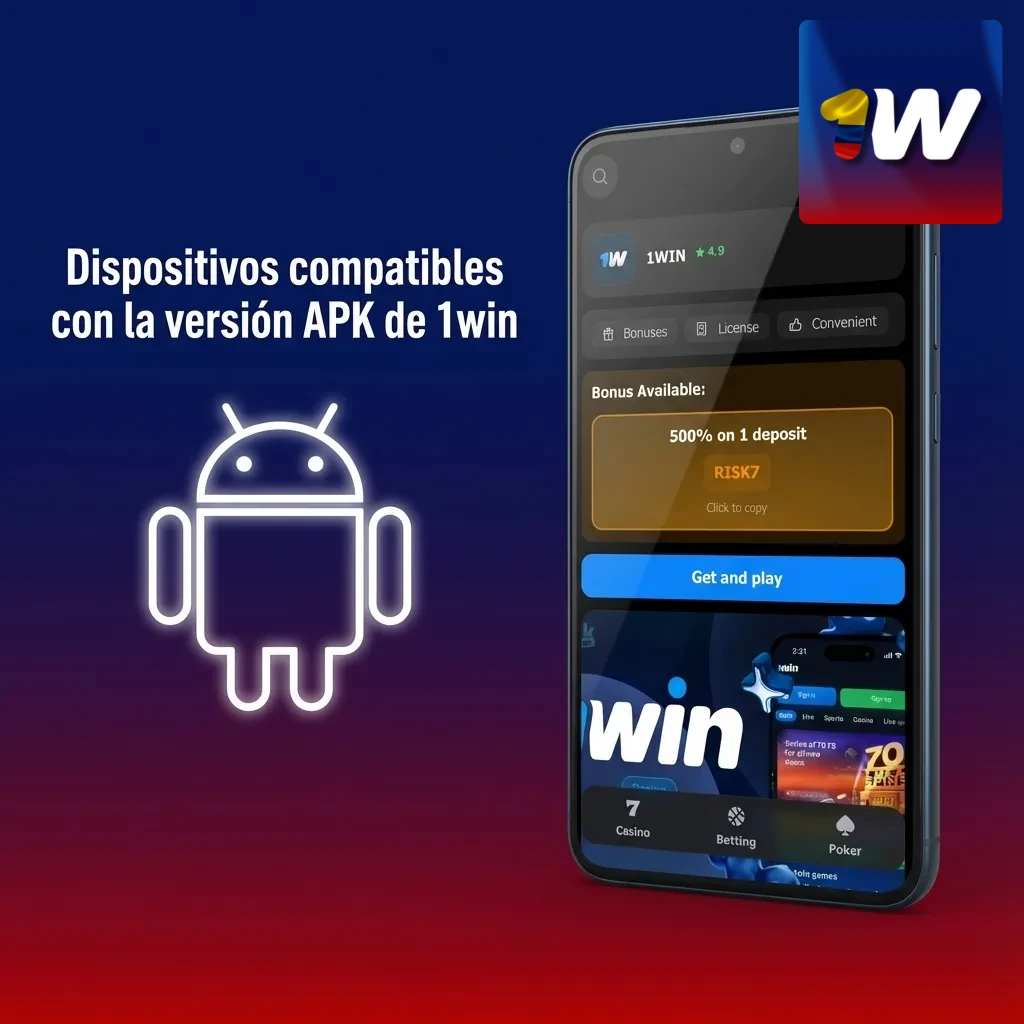 Tabla en español con marcas y modelos Android compatibles con la app 1win APK en Colombia
