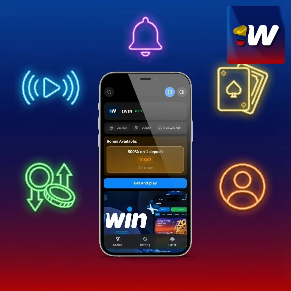 Pantalla de iPhone con la app 1win mostrando apuestas deportivas, casino, bono 500% y pagos en pesos colombianos