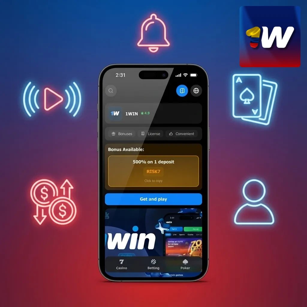 Pantalla de la app 1win mostrando menús de apuestas, casino, saldo, depósito, retiro y perfil de usuario en español