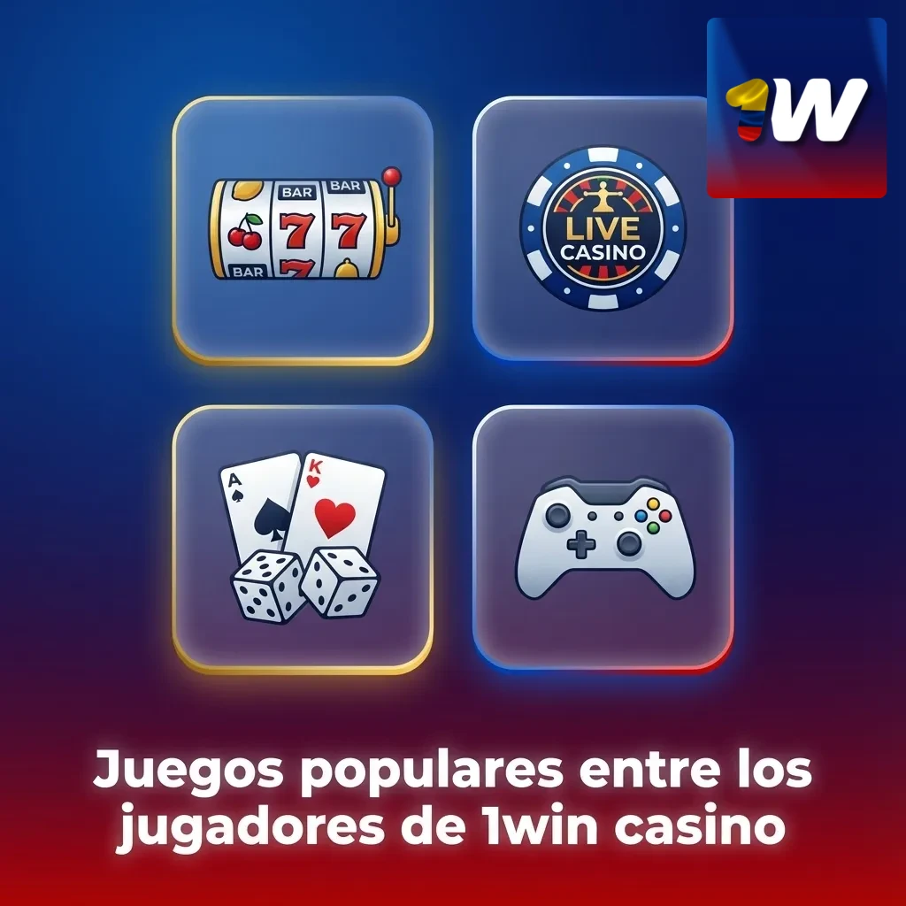 Collage de juegos populares de 1win casino: slots coloridos, ruleta en vivo, blackjack y juego de avión Aviator en pantalla.