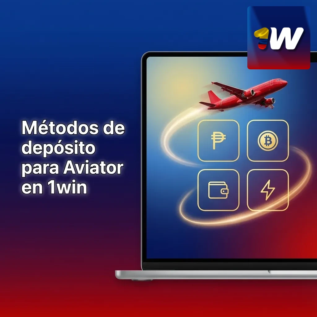 Ilustración de métodos de depósito en 1win para Aviator: tarjetas, billeteras digitales y criptomonedas desde Colombia