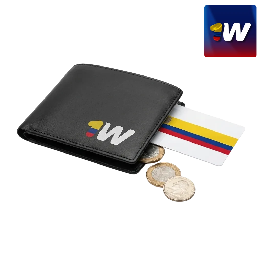 Infografía de métodos 1win Colombia: logos Mastercard, Visa, criptos y montos mínimos y máximos de depósito y retiro en COP.