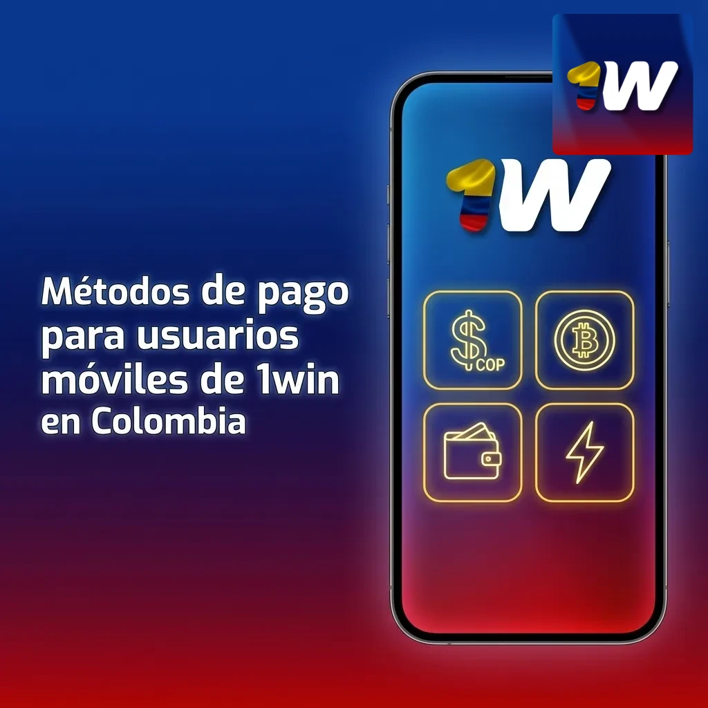 Smartphone con app 1win mostrando métodos de pago en Colombia: PSE, tarjetas, billeteras, vouchers y criptomonedas.