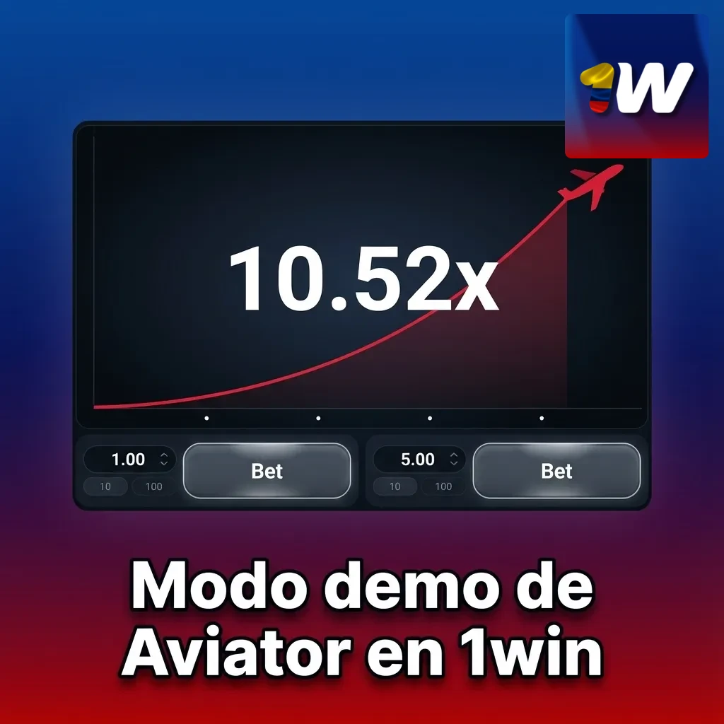 Interfaz del modo demo Aviator en 1win, con avión ascendiendo, multiplicador cambiando y apuestas con créditos virtuales