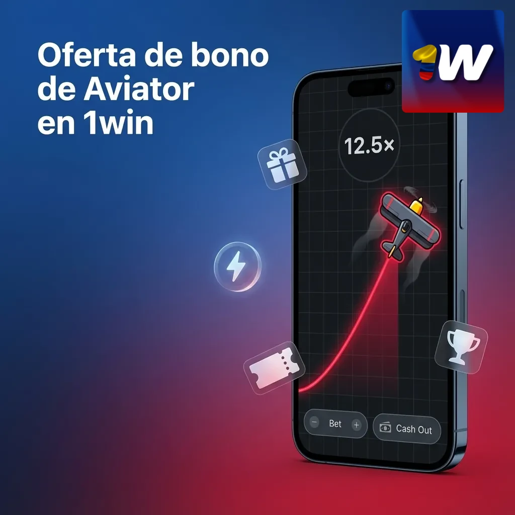 Banner de bono 500% en 1win para nuevos jugadores, destacando el juego Aviator y el primer depósito aumentado