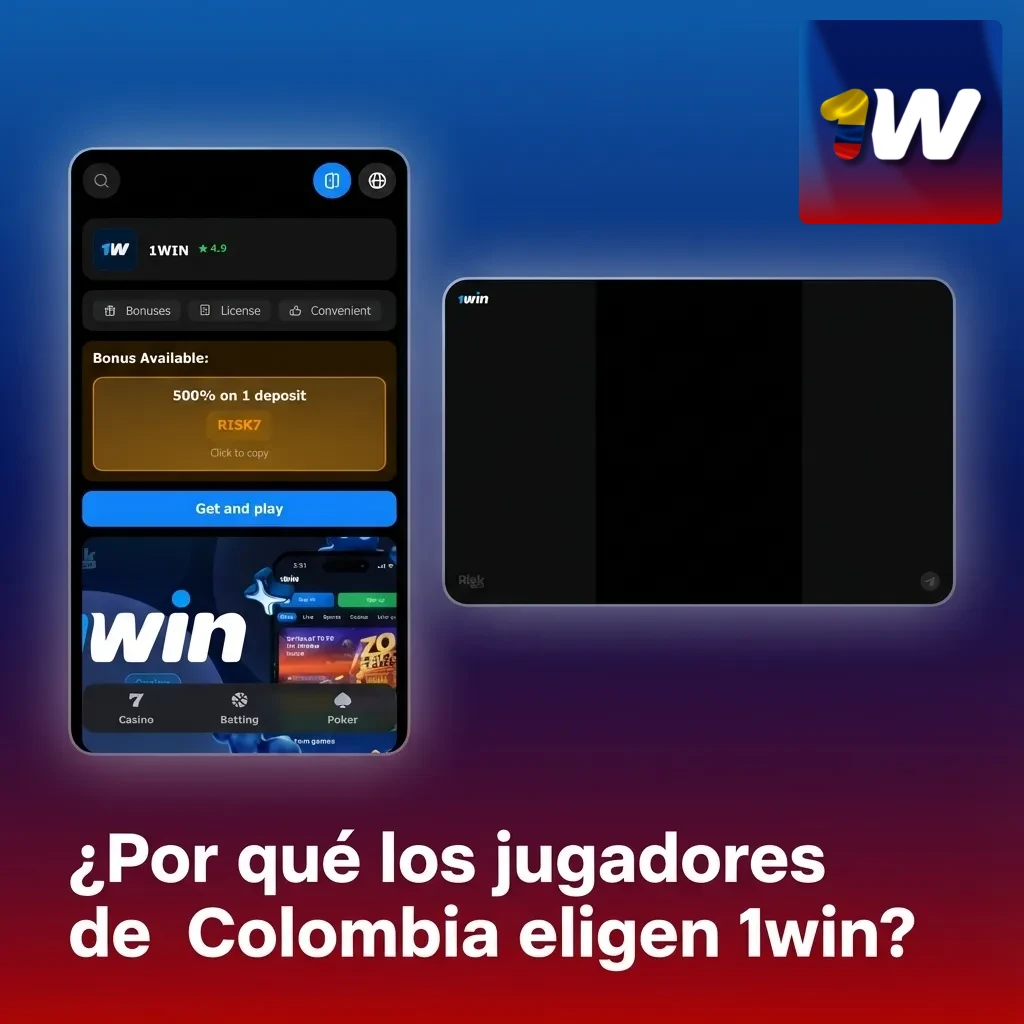 Banner de 1win para jugadores colombianos con pagos en COP, bonos, soporte en español y juego móvil responsable.