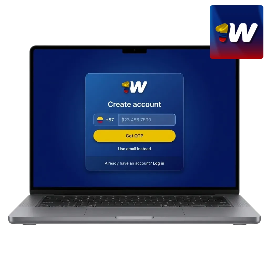 Ilustración del proceso de registro en 1win Colombia con métodos de acceso y bono de bienvenida del 500 %