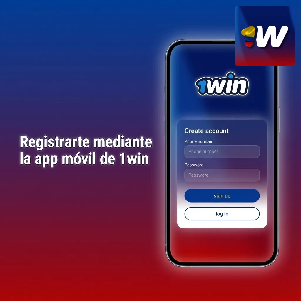 Pantalla de la app móvil 1win mostrando el botón “Registro” y opciones de crear cuenta en un smartphone