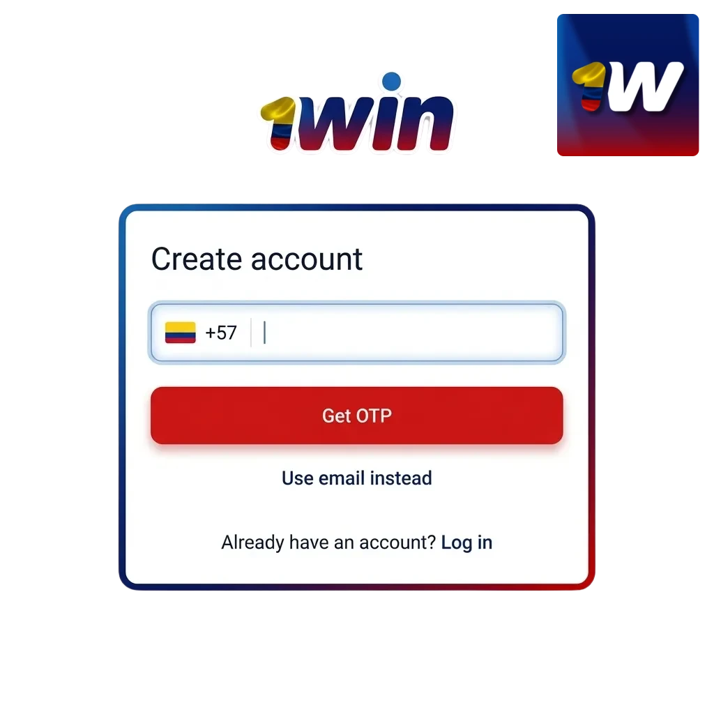 Pantalla de registro e inicio de sesión de 1win Colombia con opciones de verificación de cuenta y bono de bienvenida