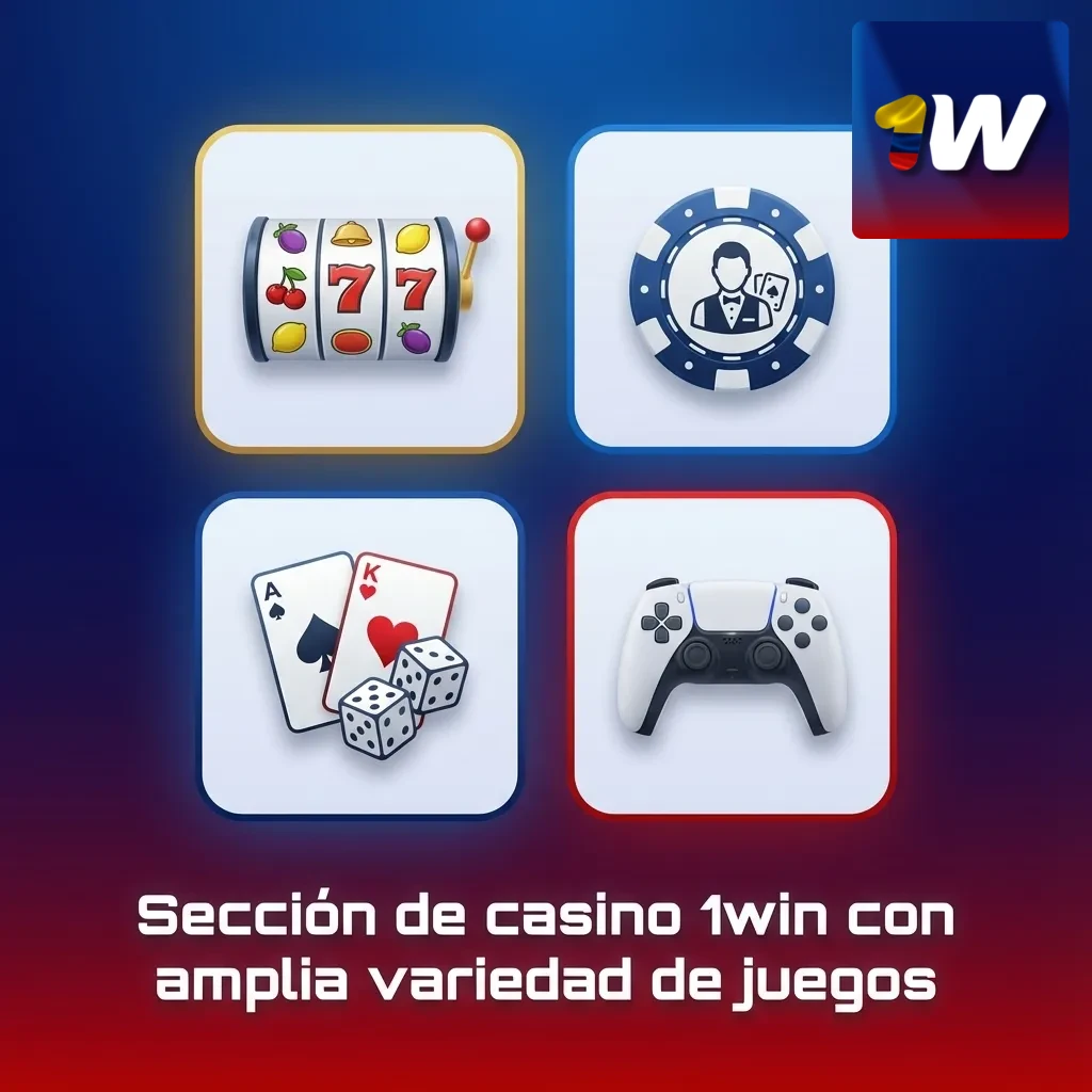 Interfaz del casino 1win mostrando categorías de juegos como tragamonedas, ruleta, cartas, video póker y crash.