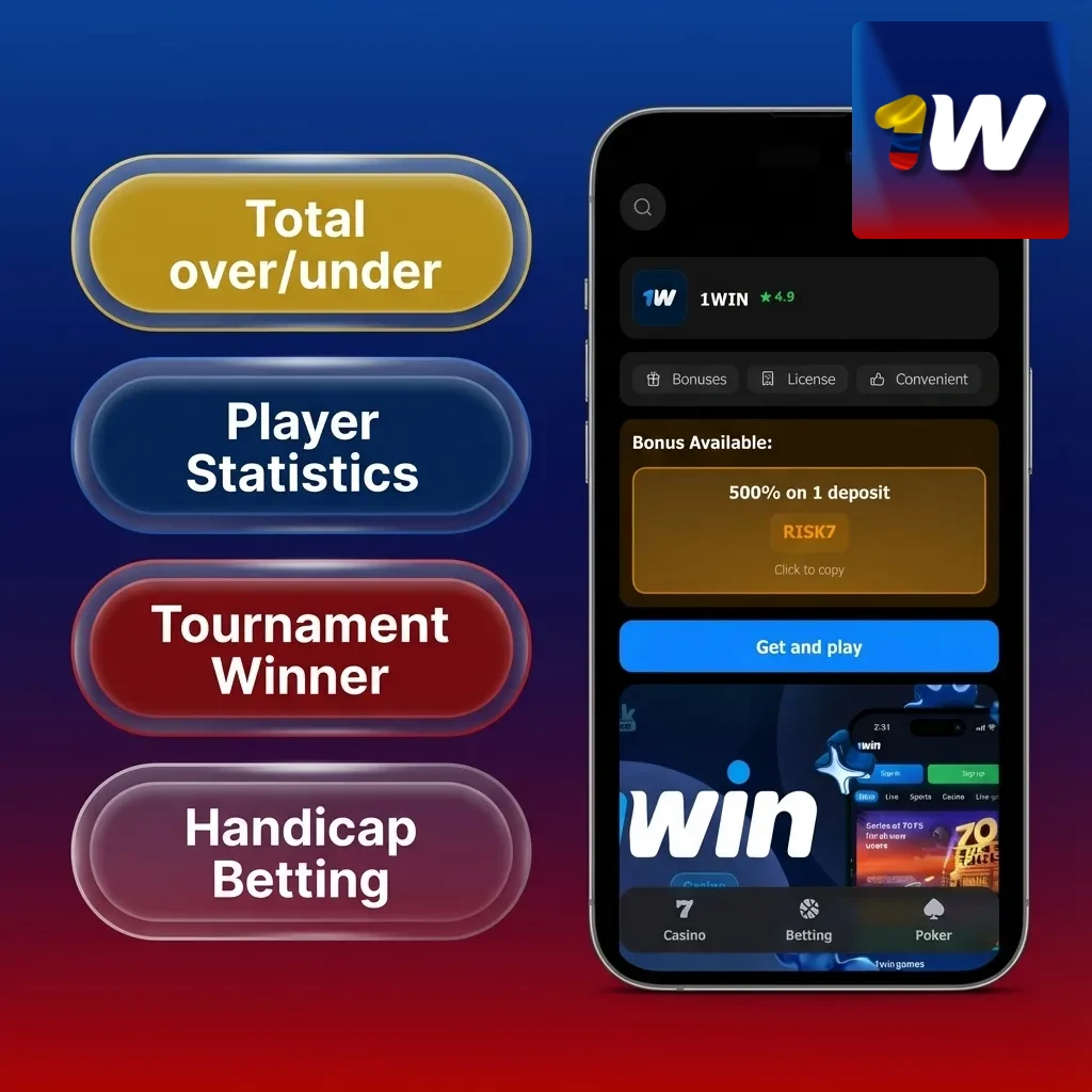 Pantalla de la app 1win en un celular mostrando menús de tipos de apuestas: simple, combinada, sistema, en vivo y hándicap