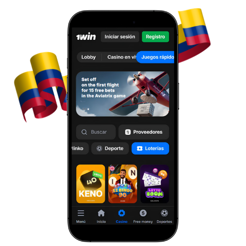 Pantalla móvil con app 1win, iconos de apuestas deportivas, casino y métodos de pago, texto promocional en español.