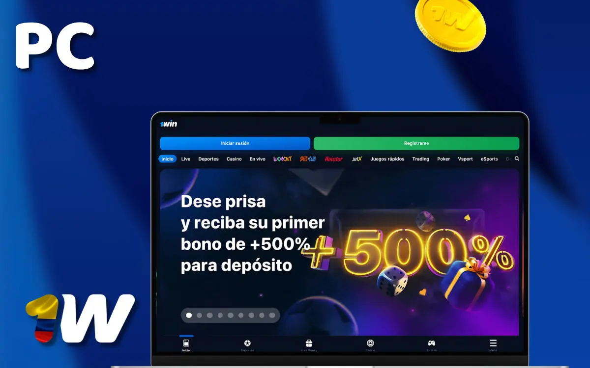 Ilustración de 1win en pantalla de PC Windows y Mac, accedido vía navegador web sin programa adicional