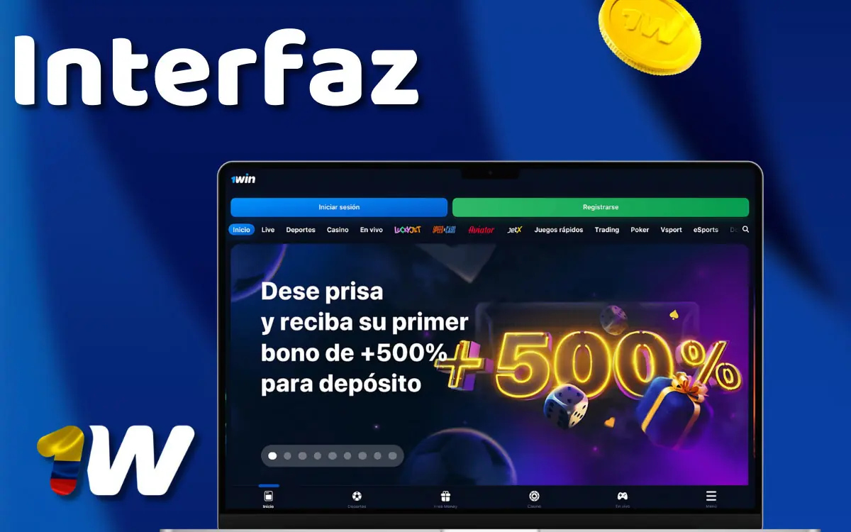 Interfaz limpia del sitio 1win Colombia con menú superior de deportes, casino, promociones y gestión de cuenta