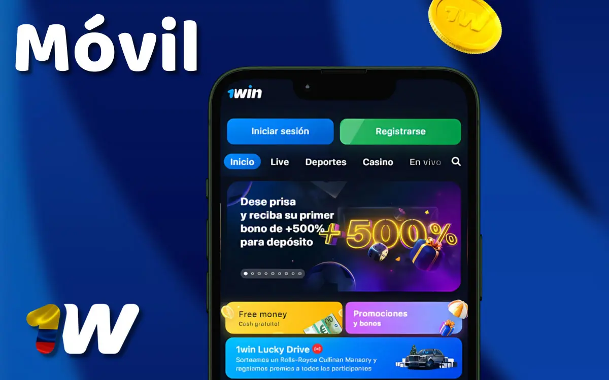 Captura del sitio móvil de 1win con apuestas, casino, bonos y pagos adaptados a la pantalla de un smartphone